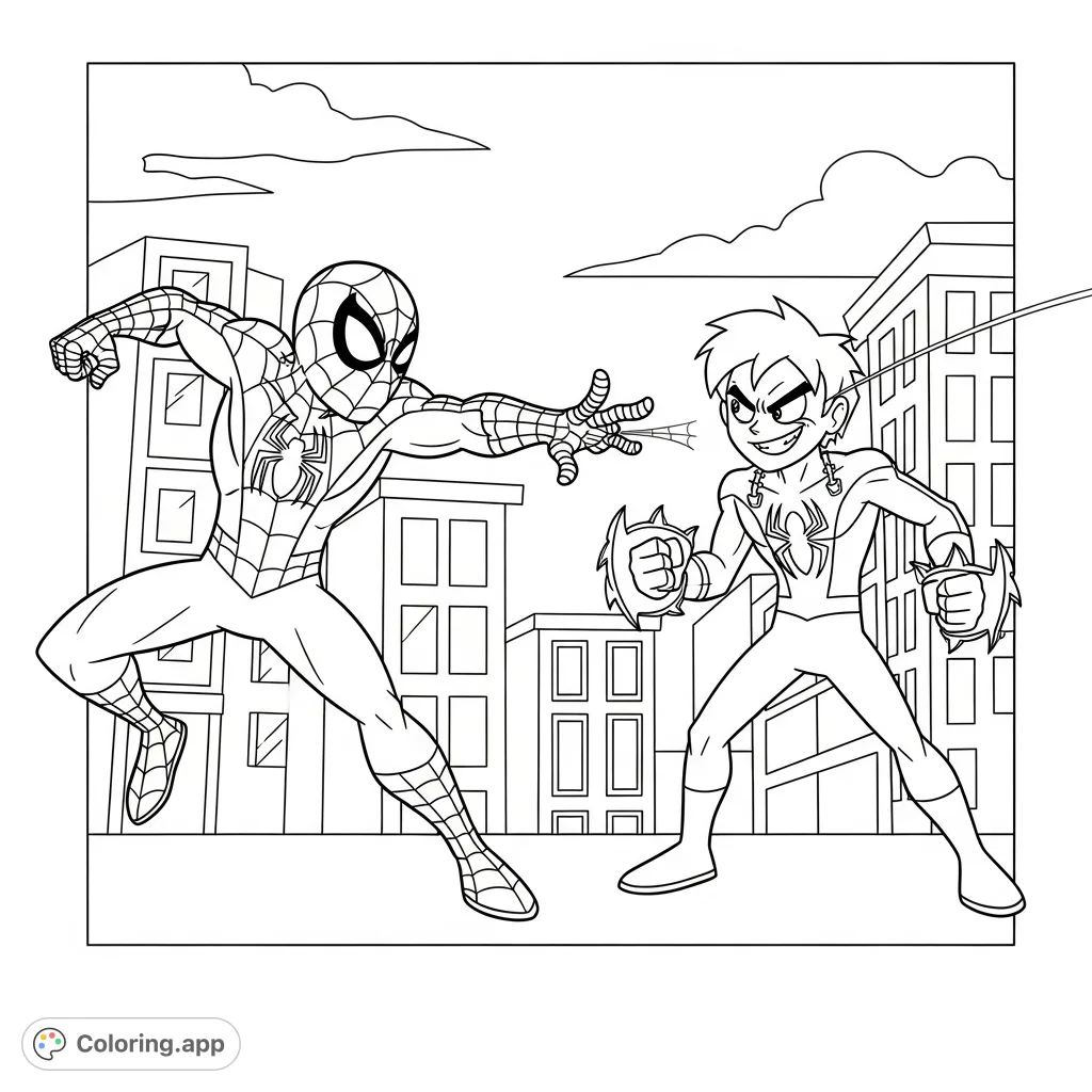 Join Big Spidey and Big Trapster from Spidey and His Amazing Friends in an action-packed mid-fight scene. Perfect for young fans to color!