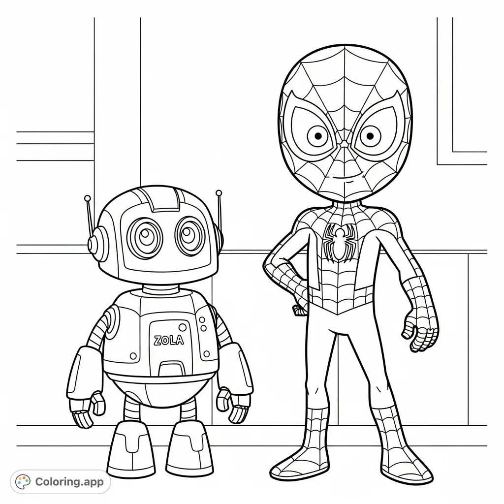 A cheerful cartoon spider-superhero boy and his friendly robot pal Zola stand side-by-side, ready for adventure! A fun, free printable coloring page for kids.