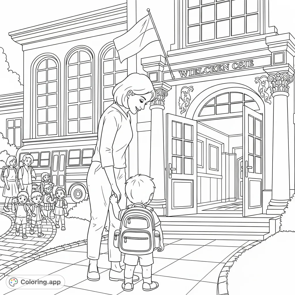 Capture the heartwarming scene of a child's first day at kindergarten, clutching a backpack and holding a parent's hand at a grand school entrance.