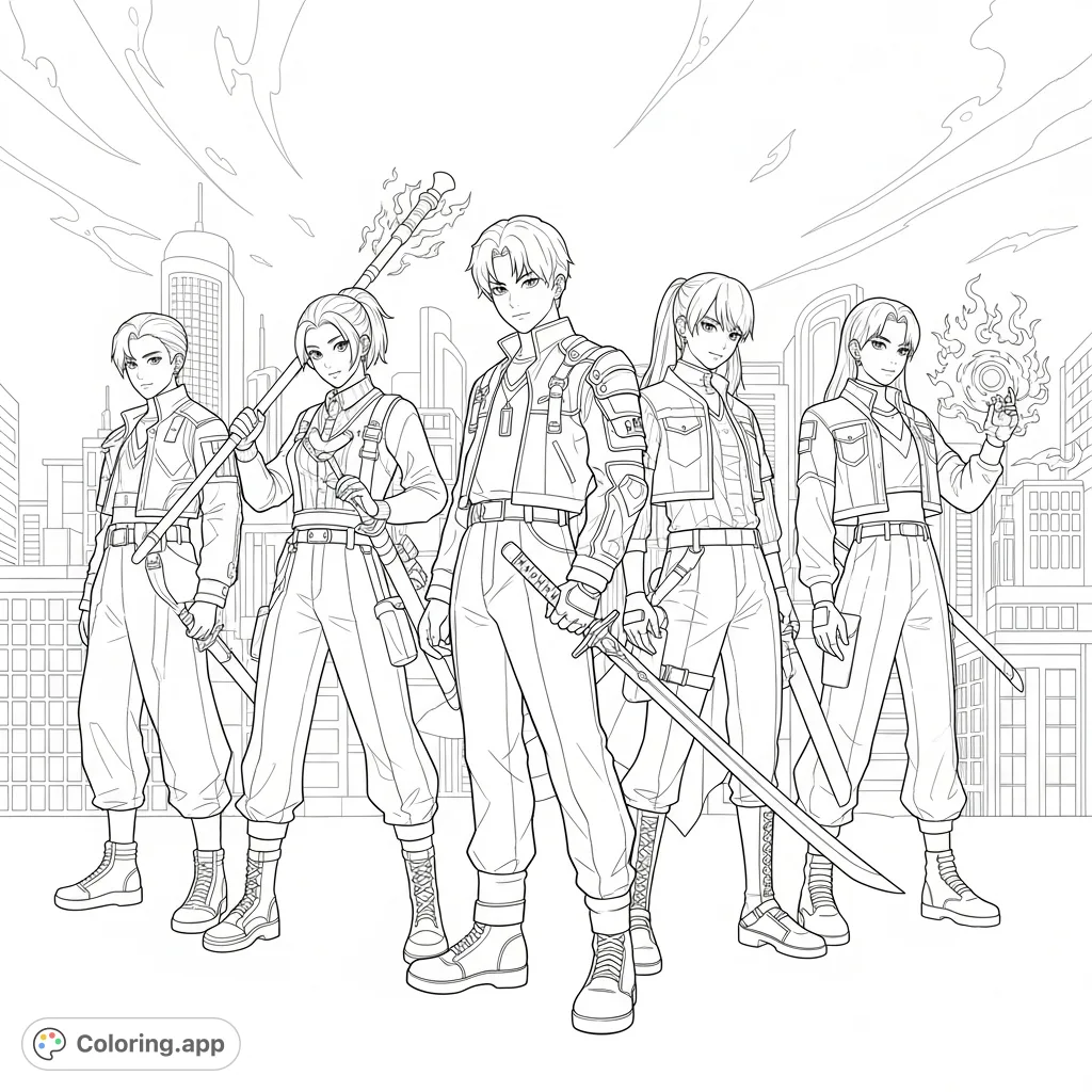 Unleash your creativity with this Kpop demon hunters coloring page! Dynamic characters in stylish outfits ready for action against an urban backdrop.