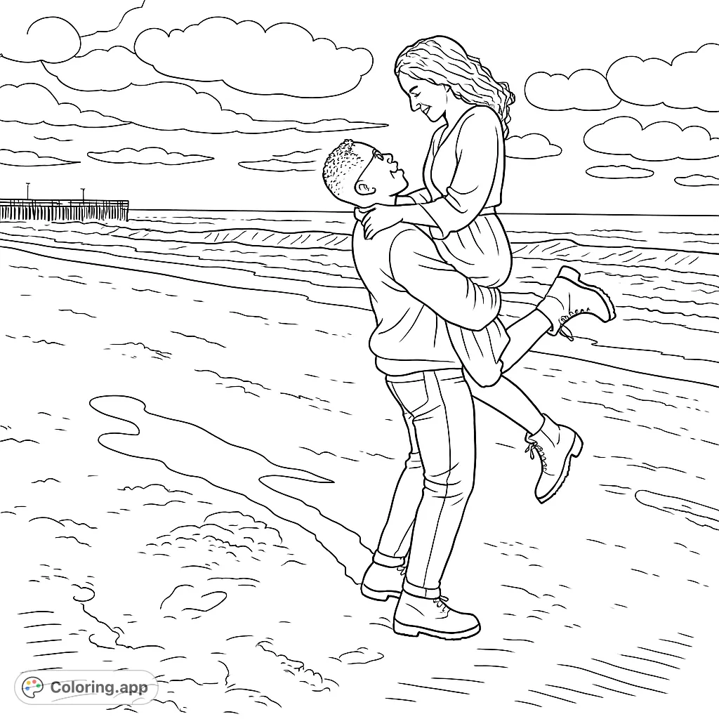 Capture a moment of pure joy with this romantic beach scene. A couple embraces on the sand, with a pier and ocean waves in the background. Perfect for expressing love.