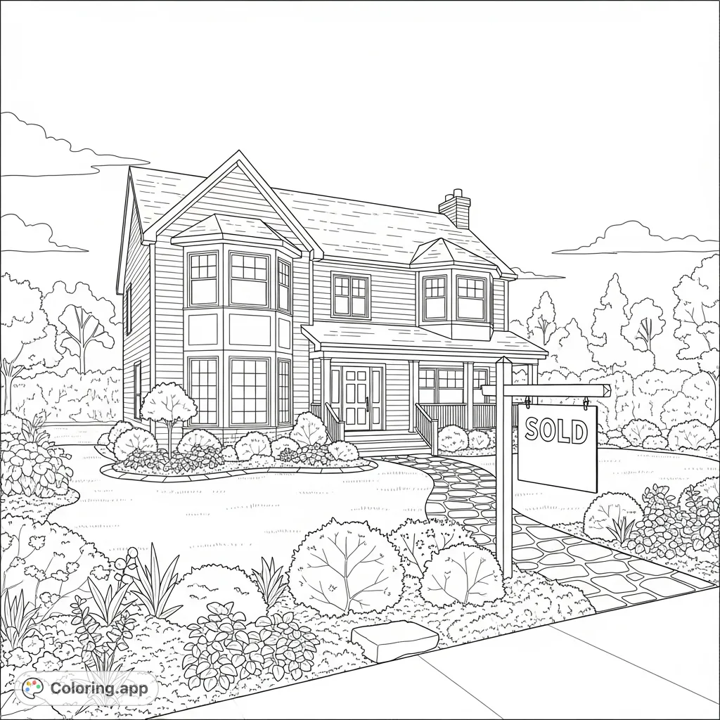 A beautiful two-story home with a welcoming porch, bay windows, and a meticulously landscaped yard featuring a "Sold" sign. Perfect for home enthusiasts!