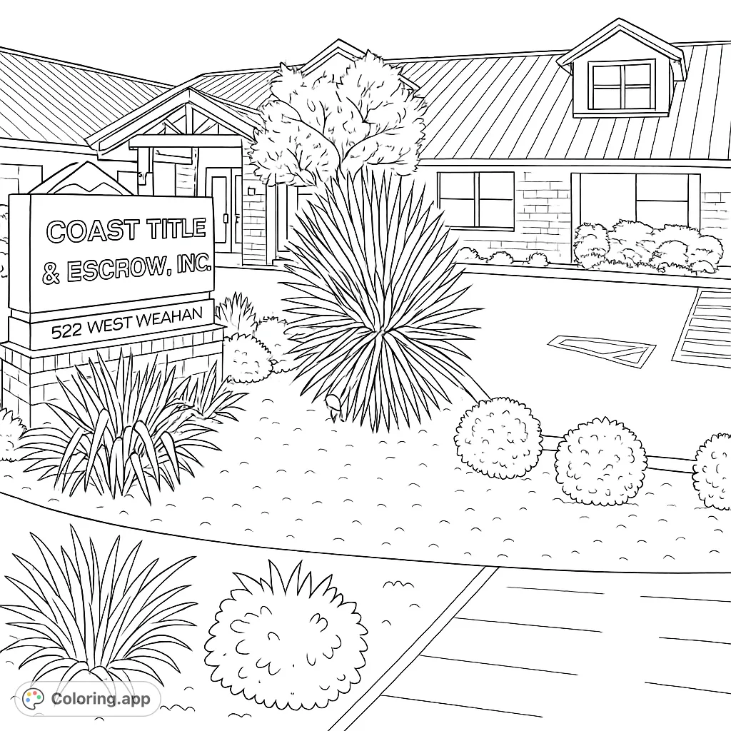 Color a detailed commercial building with a prominent sign and varied landscaping. Perfect for architecture enthusiasts and those who enjoy realistic scenes.