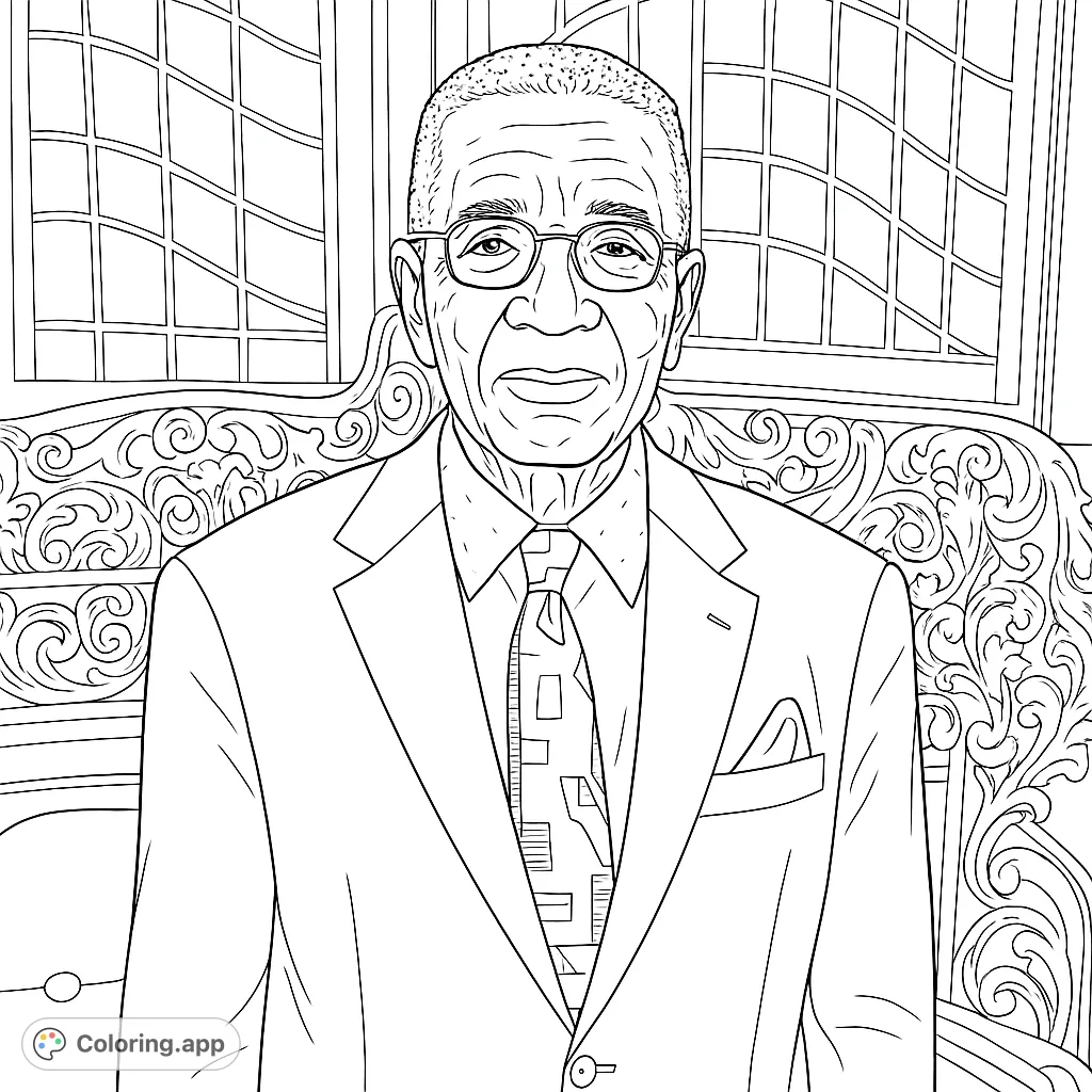 A distinguished gentleman in a formal suit and patterned tie, set against an ornate backdrop. Perfect for a sophisticated coloring experience.
