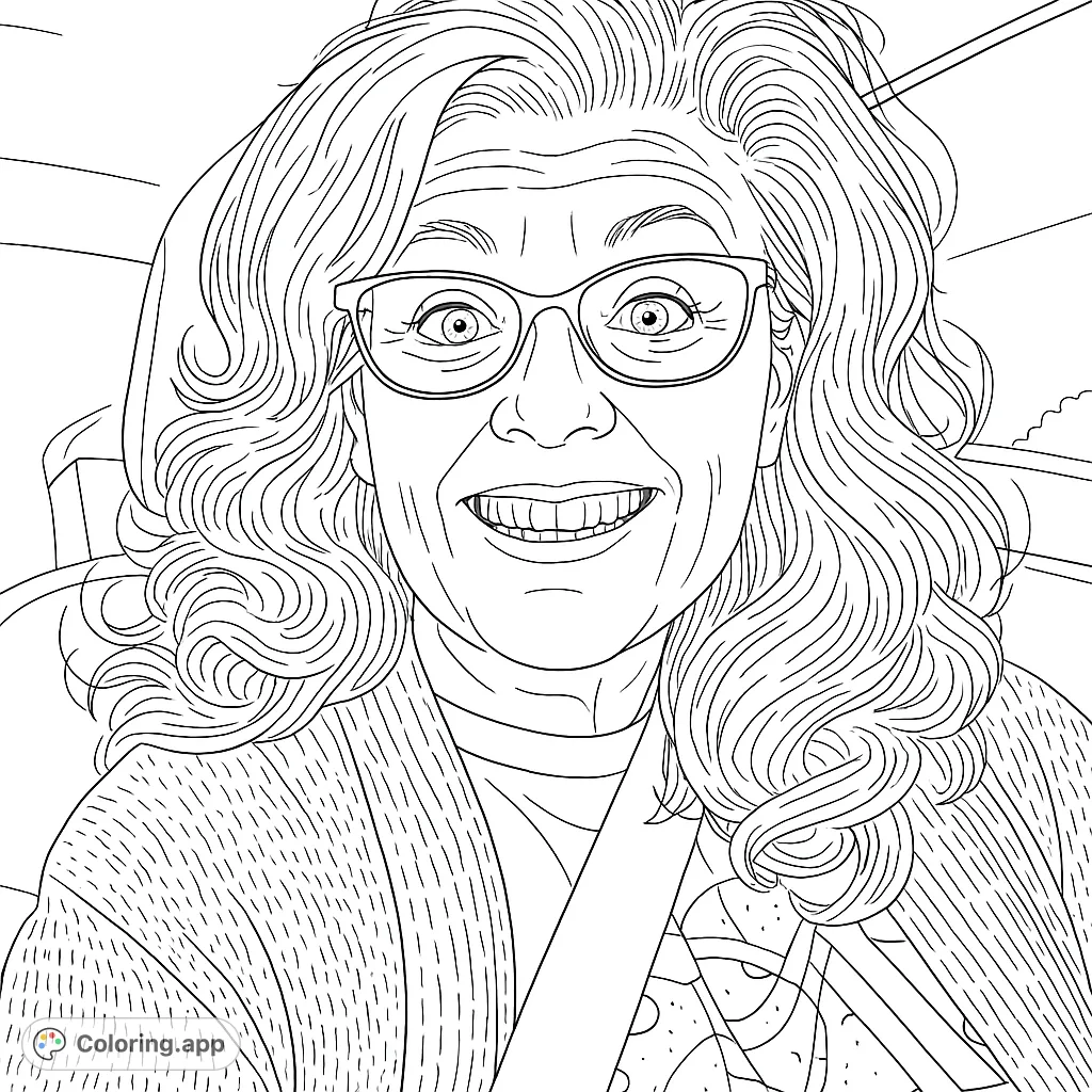 Capture the joy of a smiling woman with wavy hair and glasses, buckled in a car. A delightful portrait for a relaxing coloring experience.