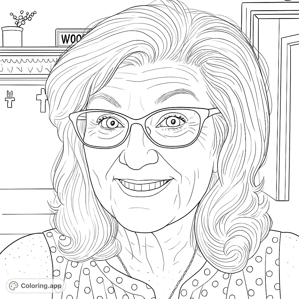 A delightful portrait of a smiling woman wearing stylish glasses and a polka dot top, perfect for a relaxing coloring experience.