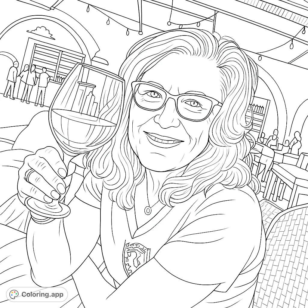 Capture a moment of relaxation with this adult coloring page featuring a smiling woman holding a wine glass in a sophisticated setting.