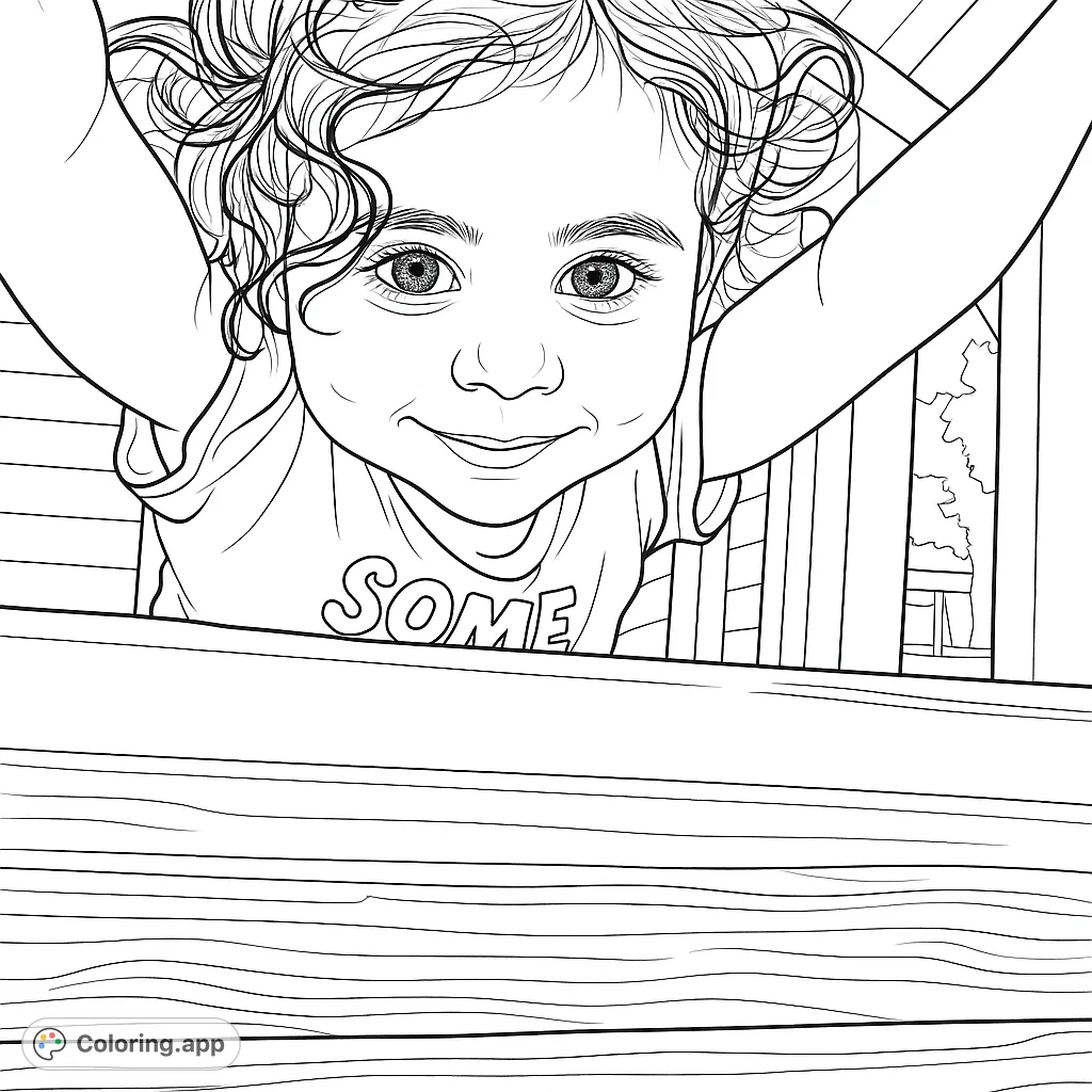 A delightful coloring page featuring a smiling child peeking over a wooden railing, arms raised in a playful pose. Perfect for young artists.
