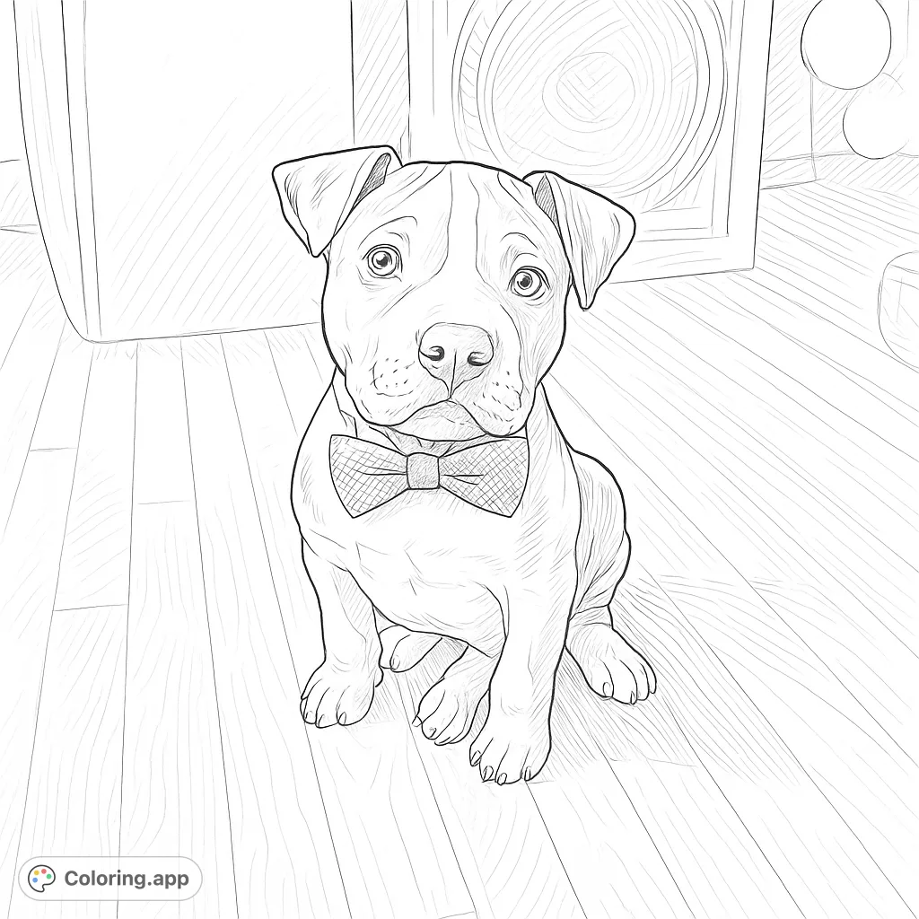 Color this charming puppy wearing a dapper bow tie, sitting patiently on a wooden floor. A delightful scene for all animal lovers!