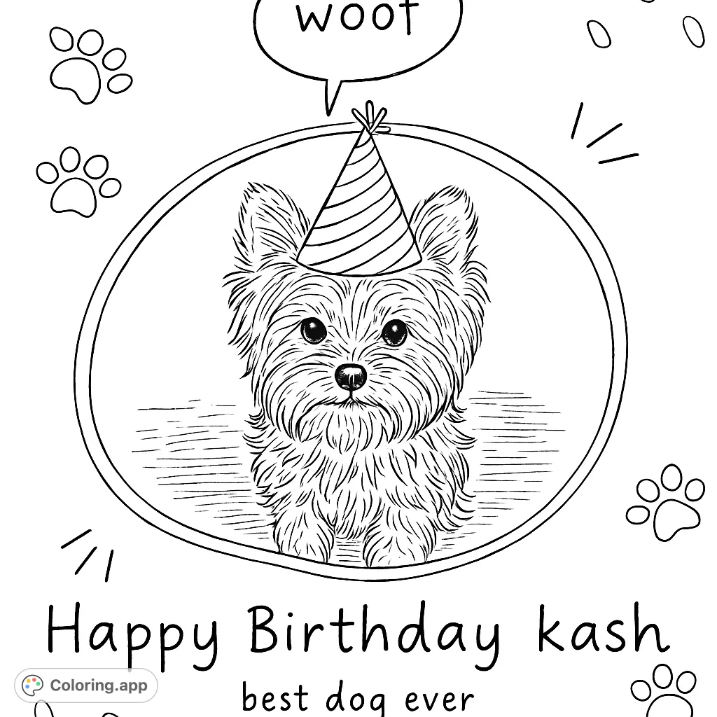 Celebrate a special day with this adorable birthday dog coloring page, featuring a cute pup in a party hat, paw prints, and festive text.