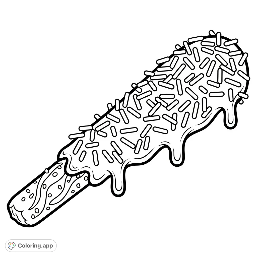 A delightful chocolate sprinkled pretzel coloring page, perfect for food art enthusiasts. Features a textured pretzel stick with sweet toppings.