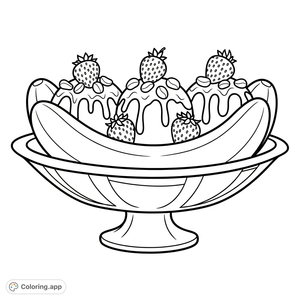 Indulge in a delightful banana split coloring page, featuring creamy scoops, banana halves, chocolate drizzle, peanuts, and strawberries in a classic bowl.