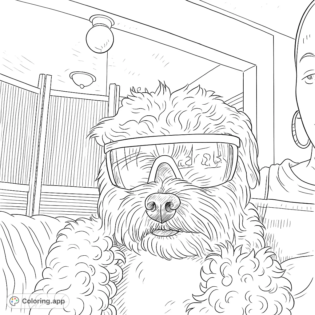 A fun coloring page featuring a shaggy dog sporting stylish, reflective sunglasses, held by a person. Perfect for a cool and playful coloring experience.