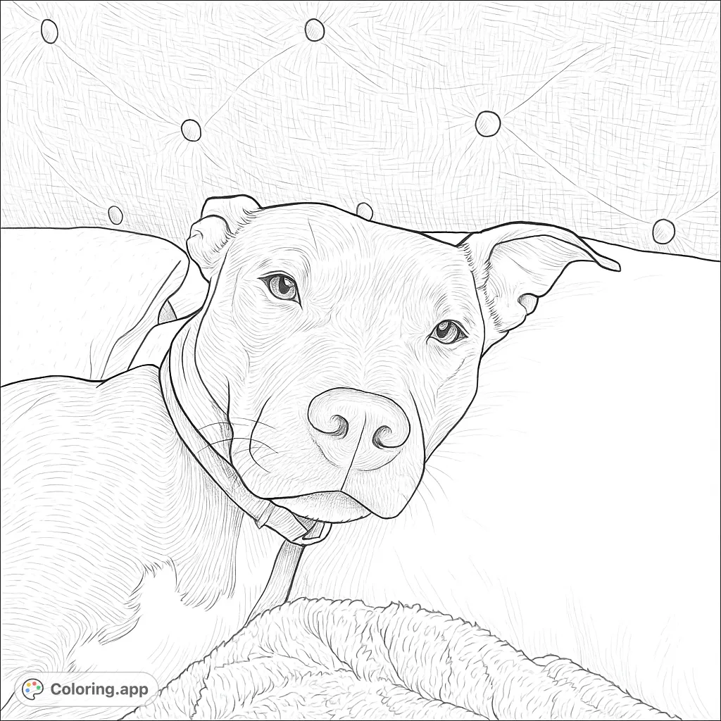 A charming hand-drawn sketch of a relaxed dog resting on a bed, perfect for a free printable dog coloring page. Enjoy moderate detail.