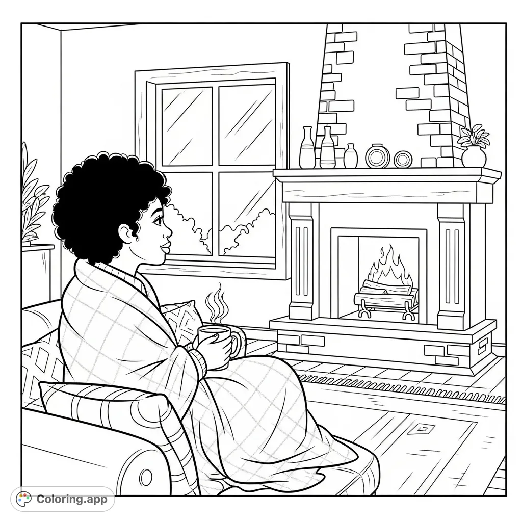 An African American woman relaxes by a brick fireplace, wrapped in a blanket, sipping coffee by a window. A cozy scene for a relaxing coloring experience.