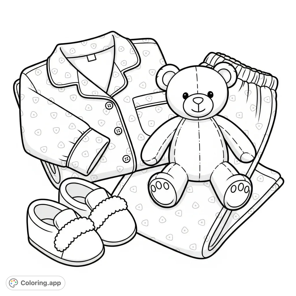 A cozy coloring page featuring a folded pajama set, fluffy house shoes, and a cuddly teddy bear, perfect for relaxation and creative expression.