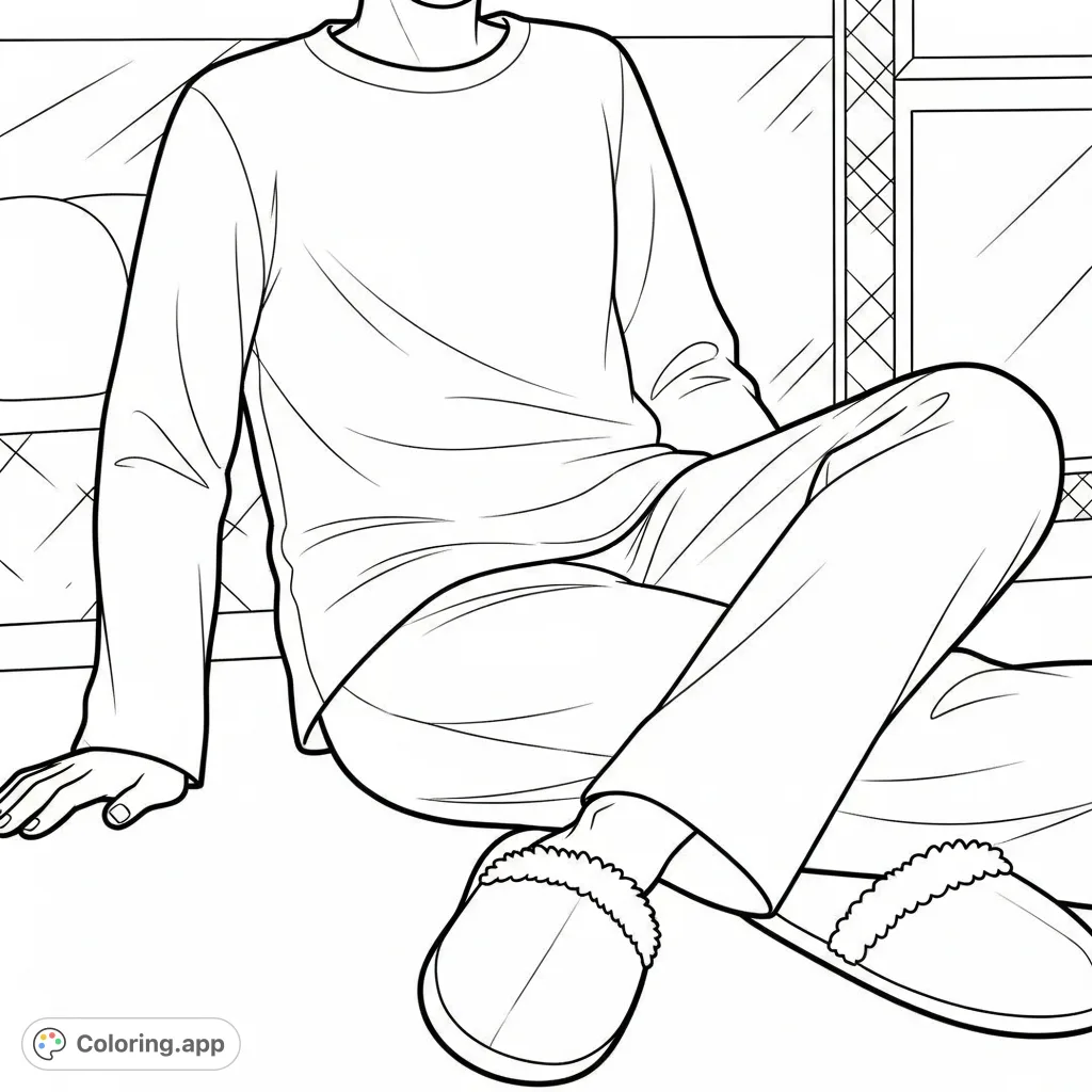 Discover a relaxing pajamas coloring page featuring a comfy figure in plain sleepwear and plush house slippers, perfect for unwinding and creative expression.