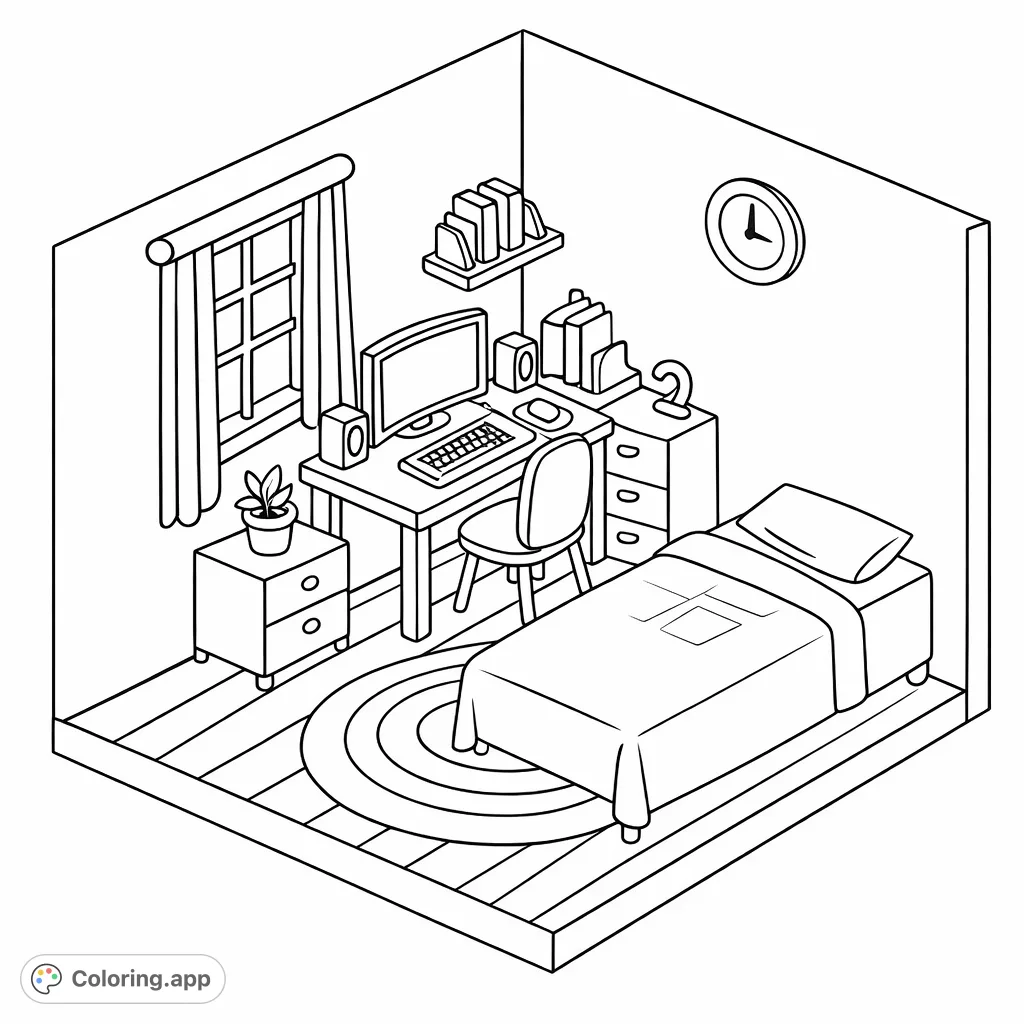A charming isometric room featuring a complete desk setup, a comfortable bed, and homely details. Perfect for imagining a personal retreat.