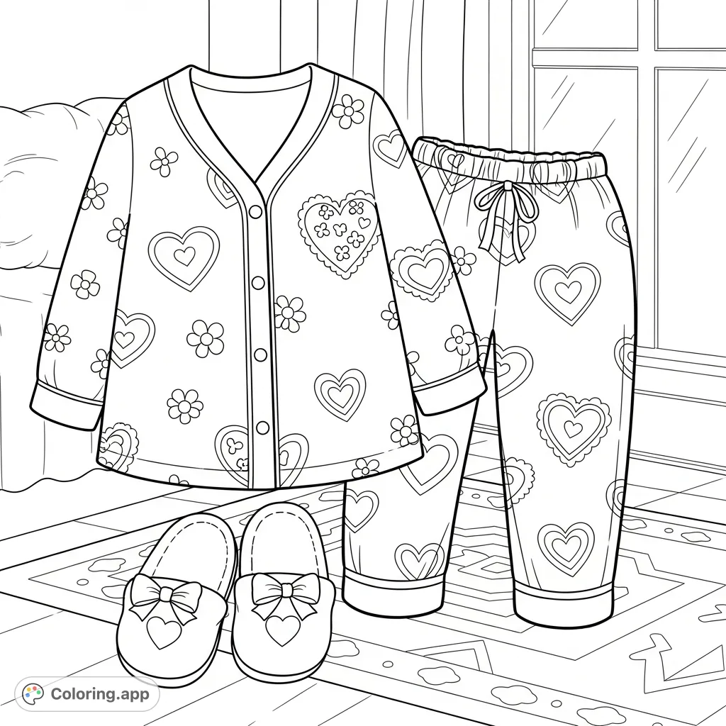 A charming Valentine theme coloring page featuring a cozy set of pajamas and plush slippers, adorned with hearts and bows. Perfect for a relaxing creative session!