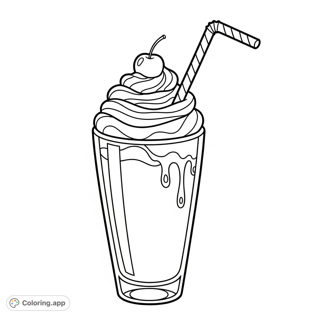 Indulge in a delightful chocolate shake coloring page, featuring a tall glass, whipped topping, and a straw. Perfect for a sweet creative escape!
