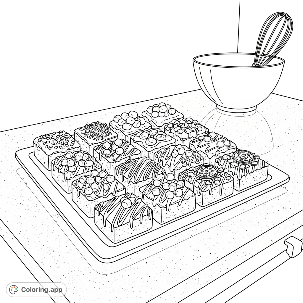 A delightful coloring page featuring an elegant platter of twelve brownies, each with unique toppings like sprinkles, drizzles, marshmallows, and cookie crumbs.