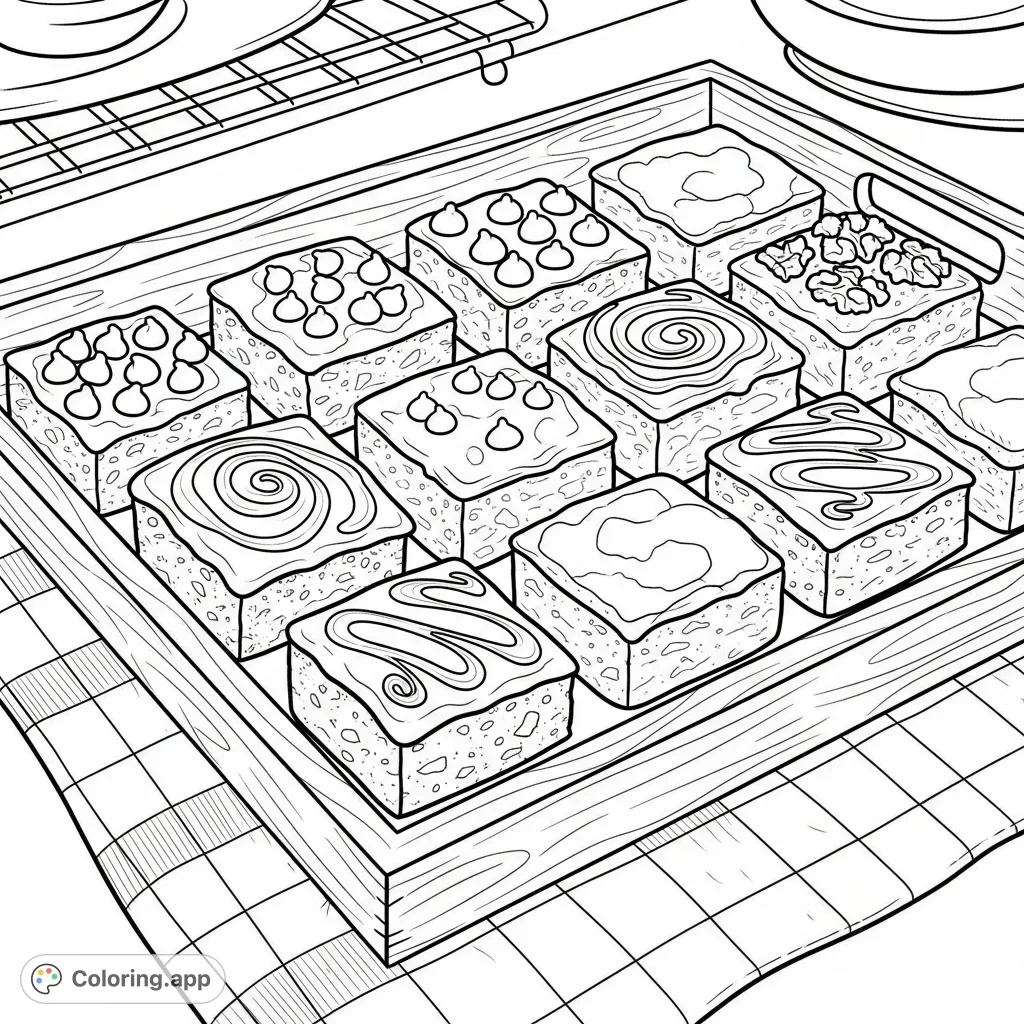 Indulge in a delightful brownies coloring page featuring a wooden tray filled with various square brownies, each with unique toppings like chocolate chips, caramel, and walnuts.