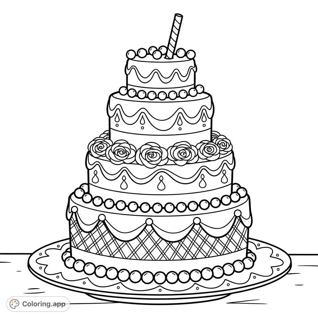A multi-tiered fancy chocolate cake with intricate frosting and a decorative straw, perfect for dessert lovers. A delightful and detailed treat to color.