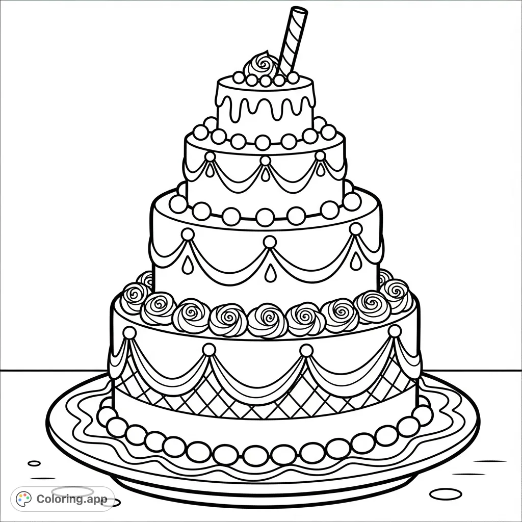 A multi-tiered fancy chocolate cake with intricate frosting and a decorative straw, perfect for dessert lovers. A delightful and detailed treat to color.