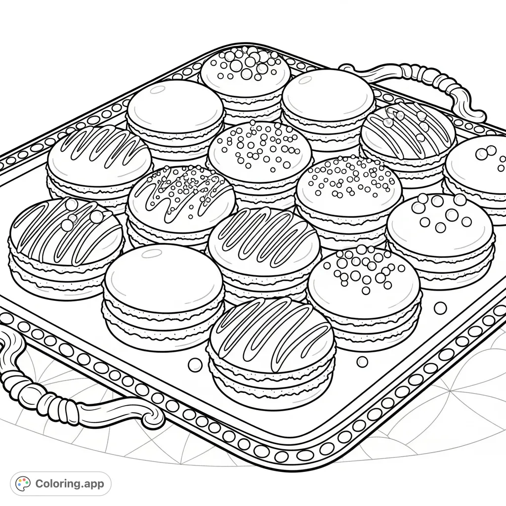 Indulge in this delightful macaroon coloring page, featuring beautifully decorated pastries on an elegant tray, perfect for sweet-themed creativity.