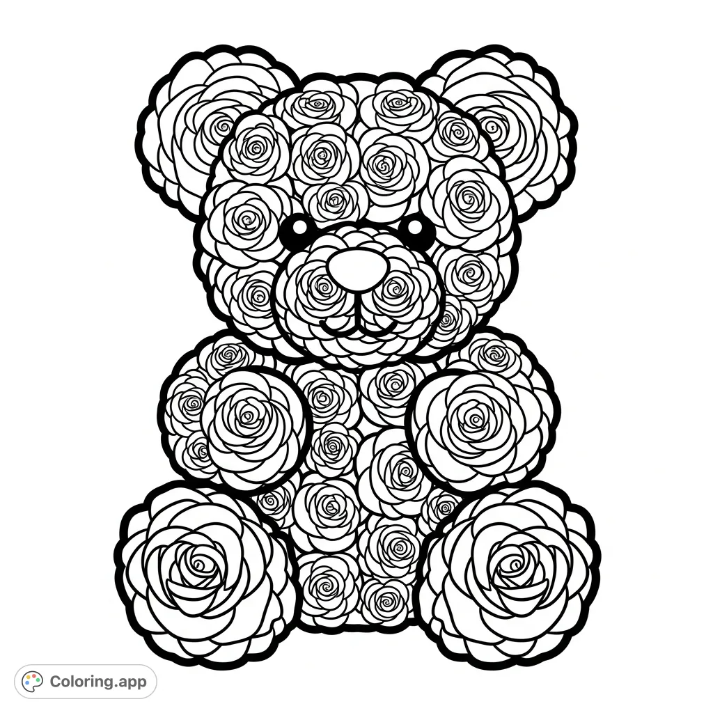 A charming plushy teddy bear crafted from delicate rose shapes, perfect for a relaxing and creative floral coloring experience. Bold lines enhance its unique design.