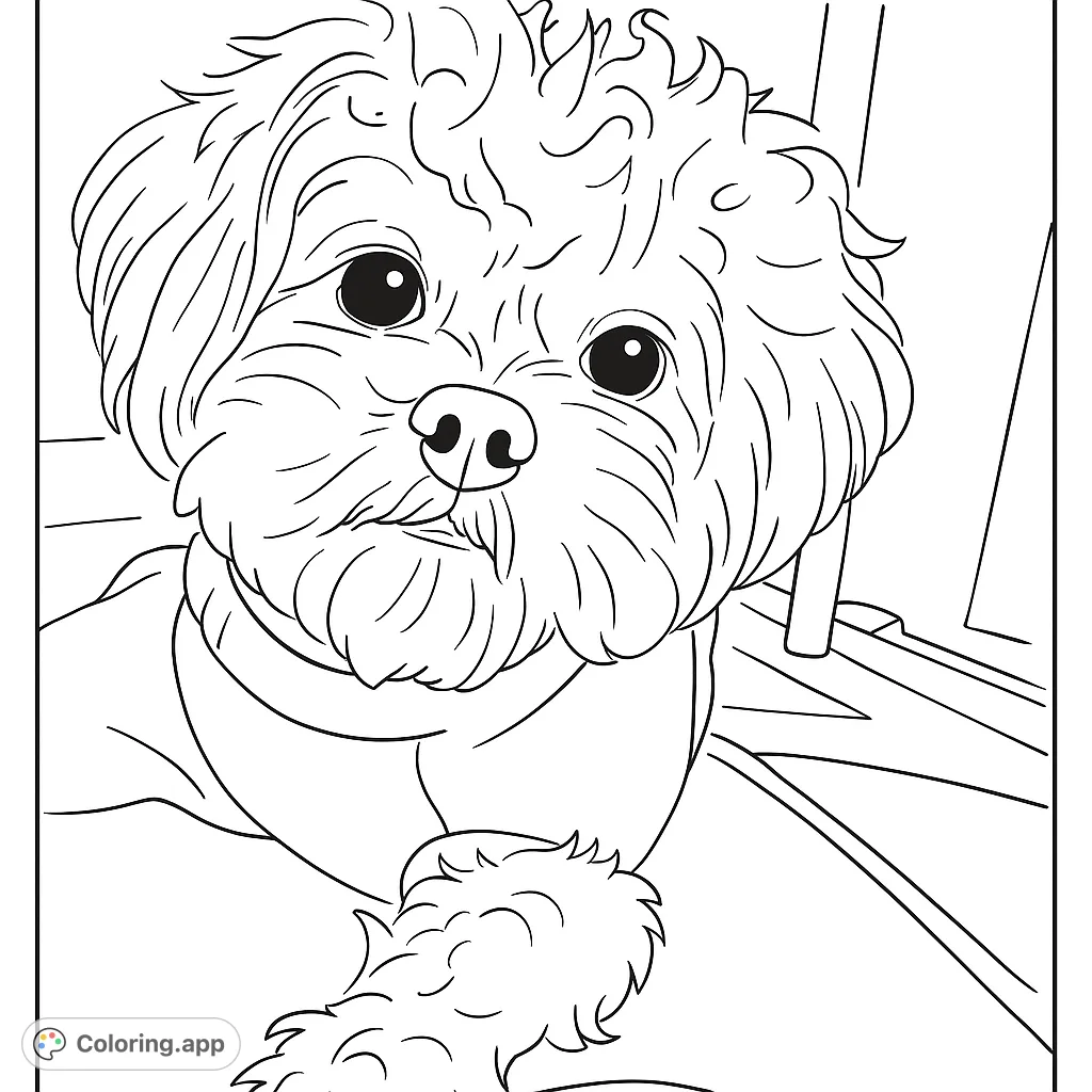 A charming fluffy dog in a cozy sweater, perfect for a relaxing coloring session. Capture its adorable expression and soft fur with your favorite shades.