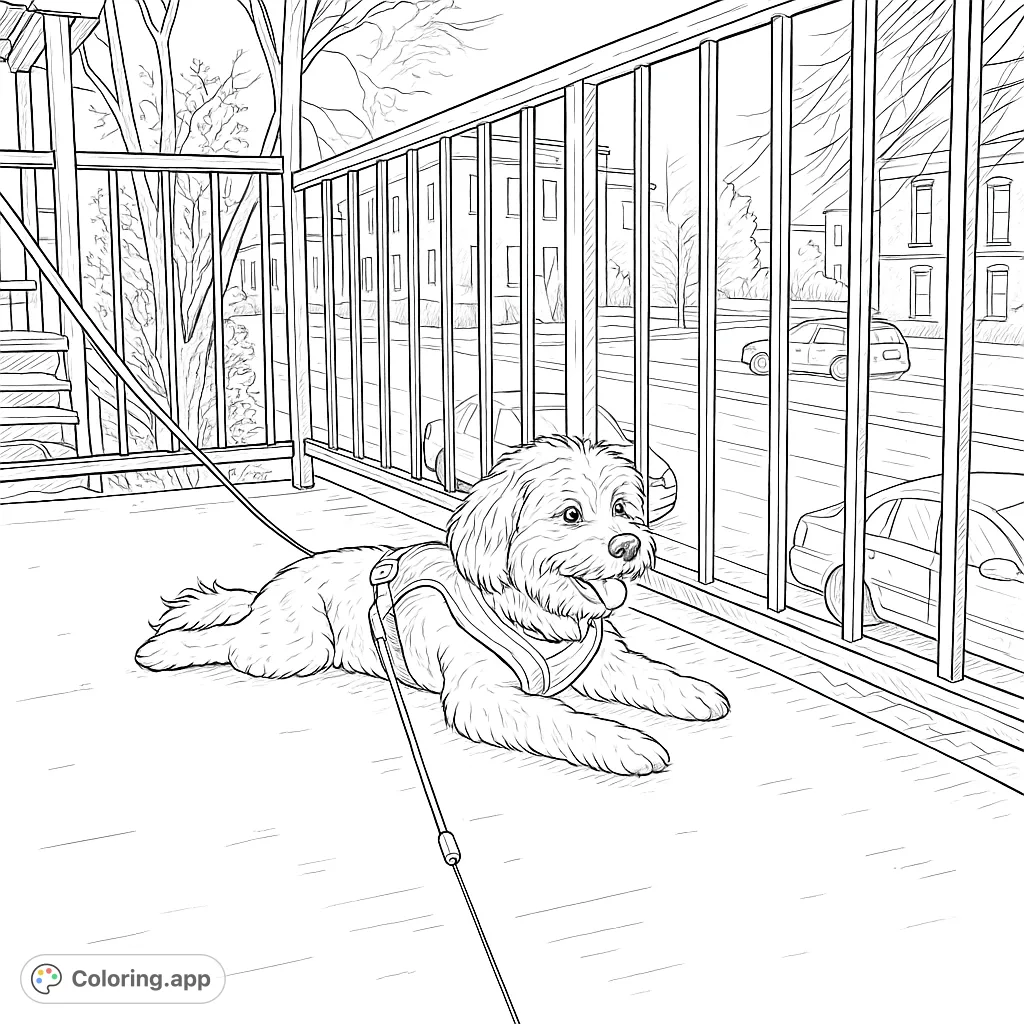 A charming fluffy dog relaxes on a city porch, observing the urban street scene through a detailed metal railing. Perfect for dog lovers and city explorers.