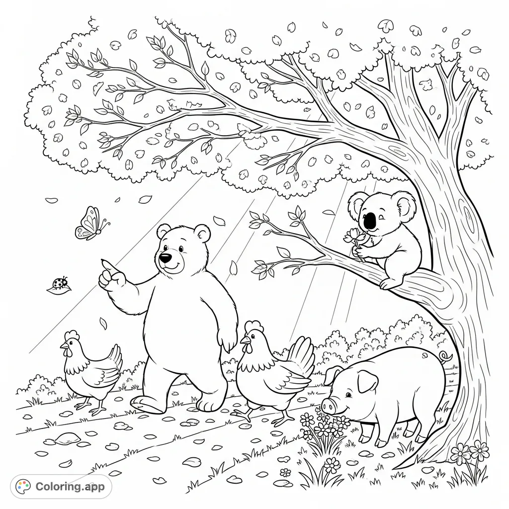 Discover a charming forest scene with animal friends under a cherry blossom tree, perfect for a relaxing and detailed nature coloring page.