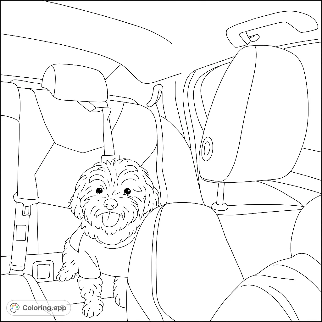 An adorable fluffy dog with a bow and shirt enjoys a car ride. Perfect for pet lovers, this hand-drawn sketch offers simple details for relaxing coloring.