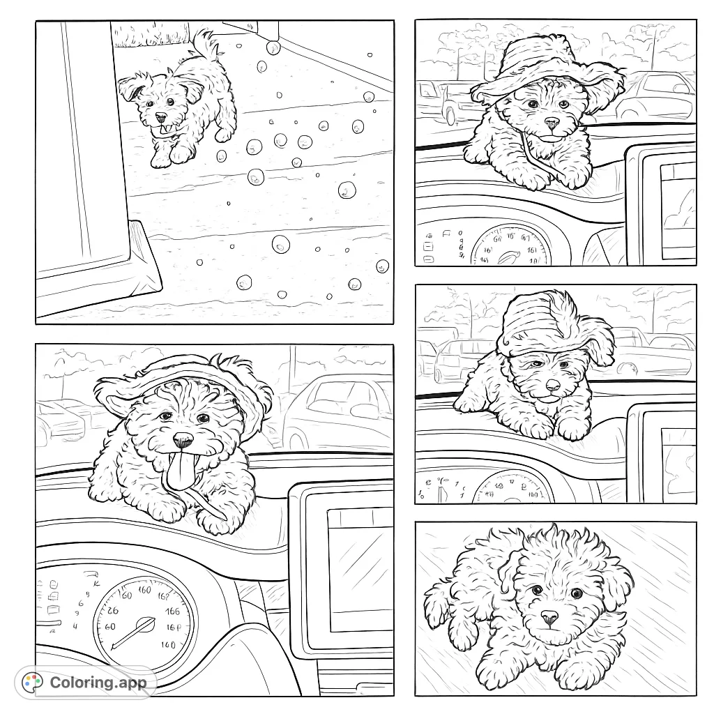 Adorable puppy in various playful scenes, from chasing bubbles to car rides, perfect for a charming coloring experience.