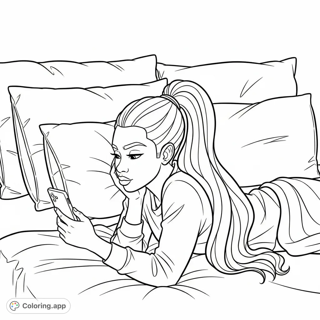 Capture a moment of modern relaxation with this young adult texting coloring page. Features an African American young adult on a bed with a long ponytail.