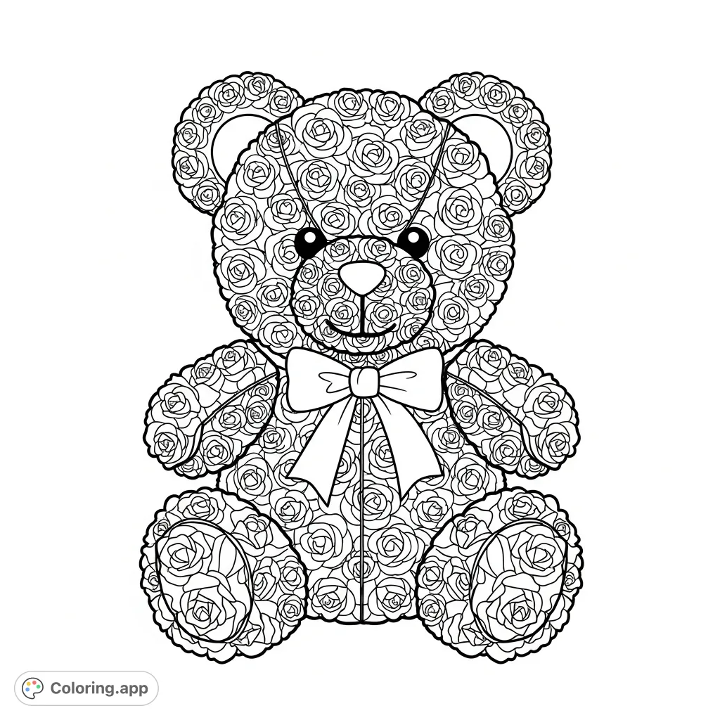 An enchanting plushie teddy bear crafted entirely from delicate rose blossoms, featuring intricate petal textures. Perfect for a calming coloring escape.