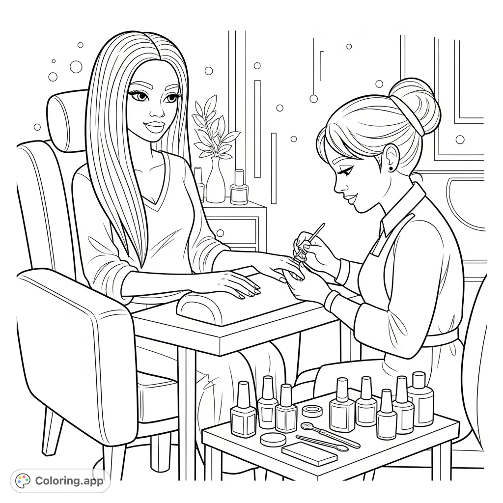 An African American woman with long straight hair enjoys a relaxing manicure at a modern nail salon, featuring detailed nail art and a serene atmosphere.