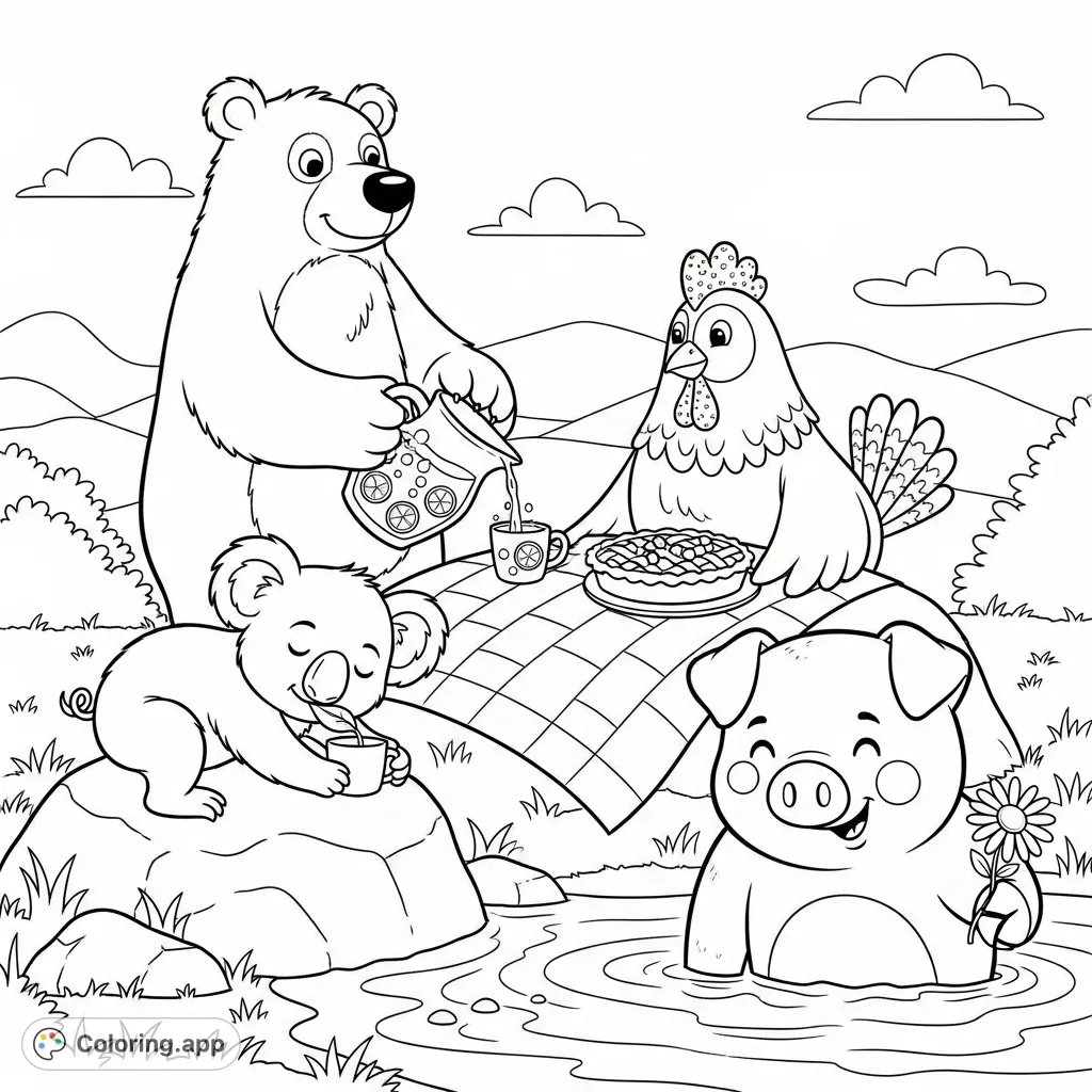 Charming spring picnic coloring page featuring a bear, hen, koala, and pig enjoying a stream-side feast amidst rolling hills and clouds.