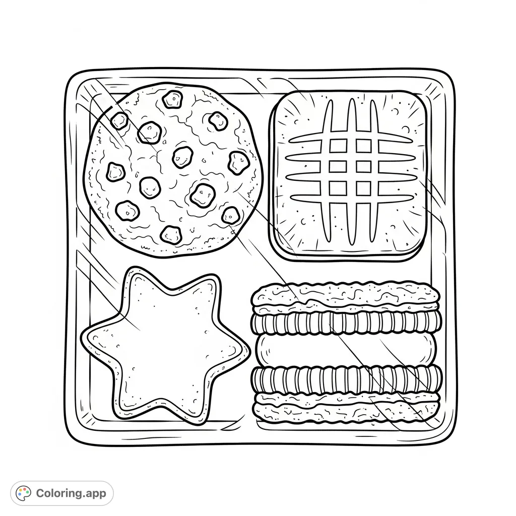 A delightful assortment of four different cookie types, neatly packaged and ready for a creative coloring session. Perfect for sweet treat enthusiasts.