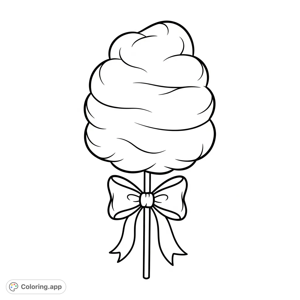 A delightful cotton candy coloring page featuring a fluffy, swirled treat on a stick, adorned with a charming ribbon bow. Perfect for sweet coloring fun!