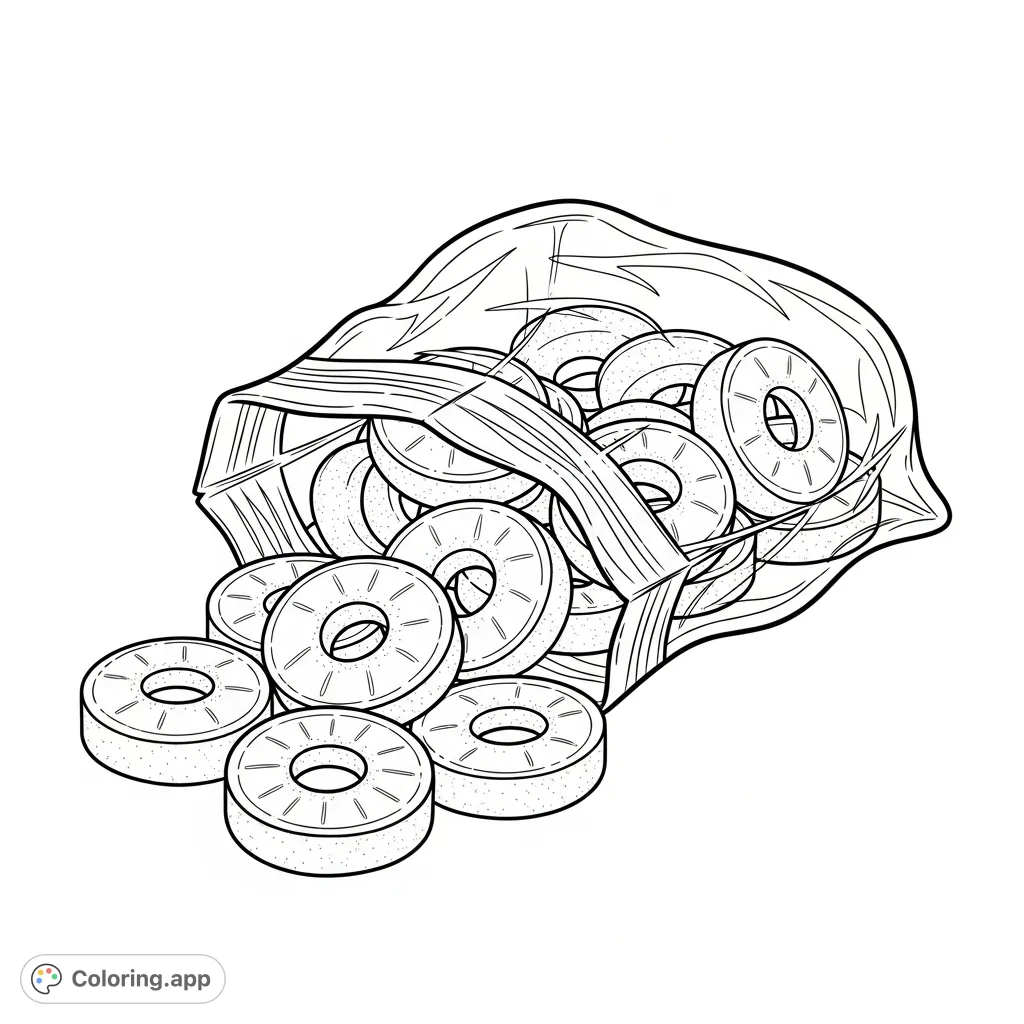 A delightful peach rings coloring page featuring a bag overflowing with the iconic candy. Perfect for a sweet and fun coloring experience!