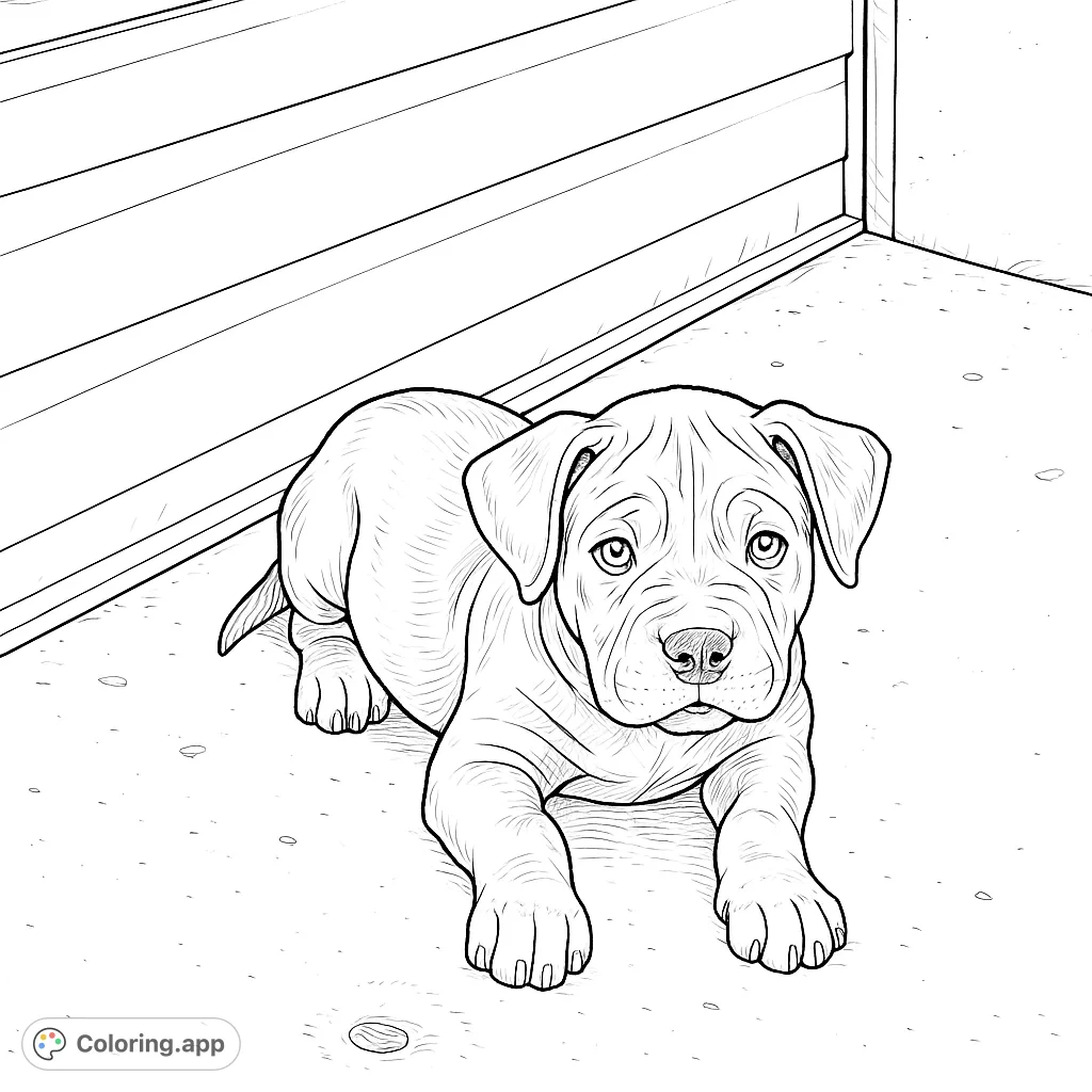 A charming puppy lies on a textured surface, gazing forward with expressive eyes. This hand-drawn sketch offers moderate detail for a delightful coloring experience.