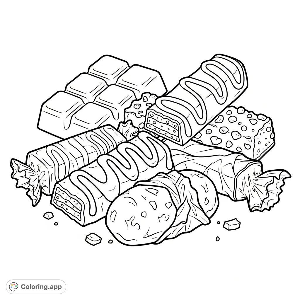 Indulge in a delightful assortment of candy bars, each with unique textures and shapes, ready for your creative touch. A sweet coloring adventure awaits!