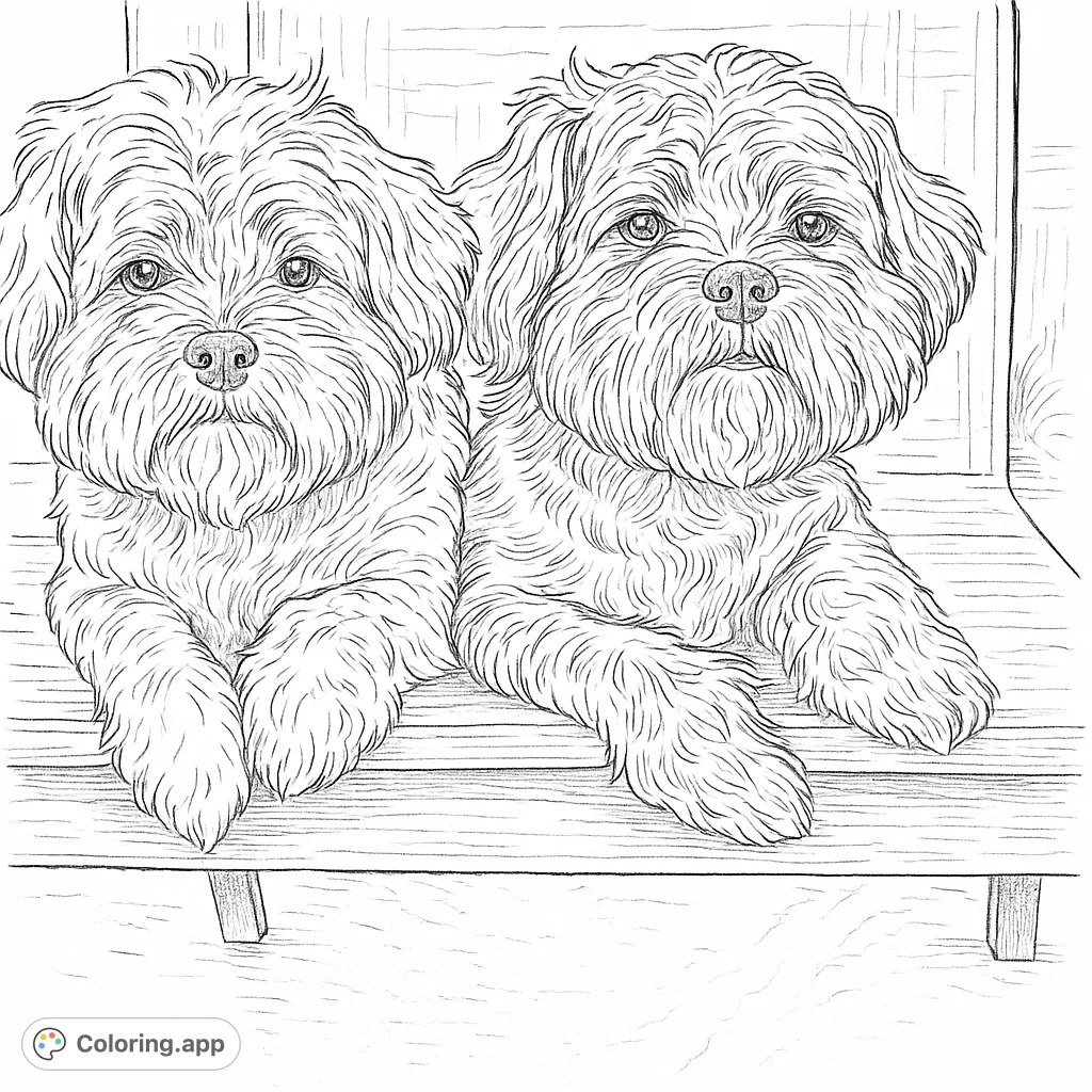 Two adorable fluffy dogs sit side-by-side, ready for your creative touch. This free printable two fluffy dogs coloring page is perfect for dog lovers of all ages.