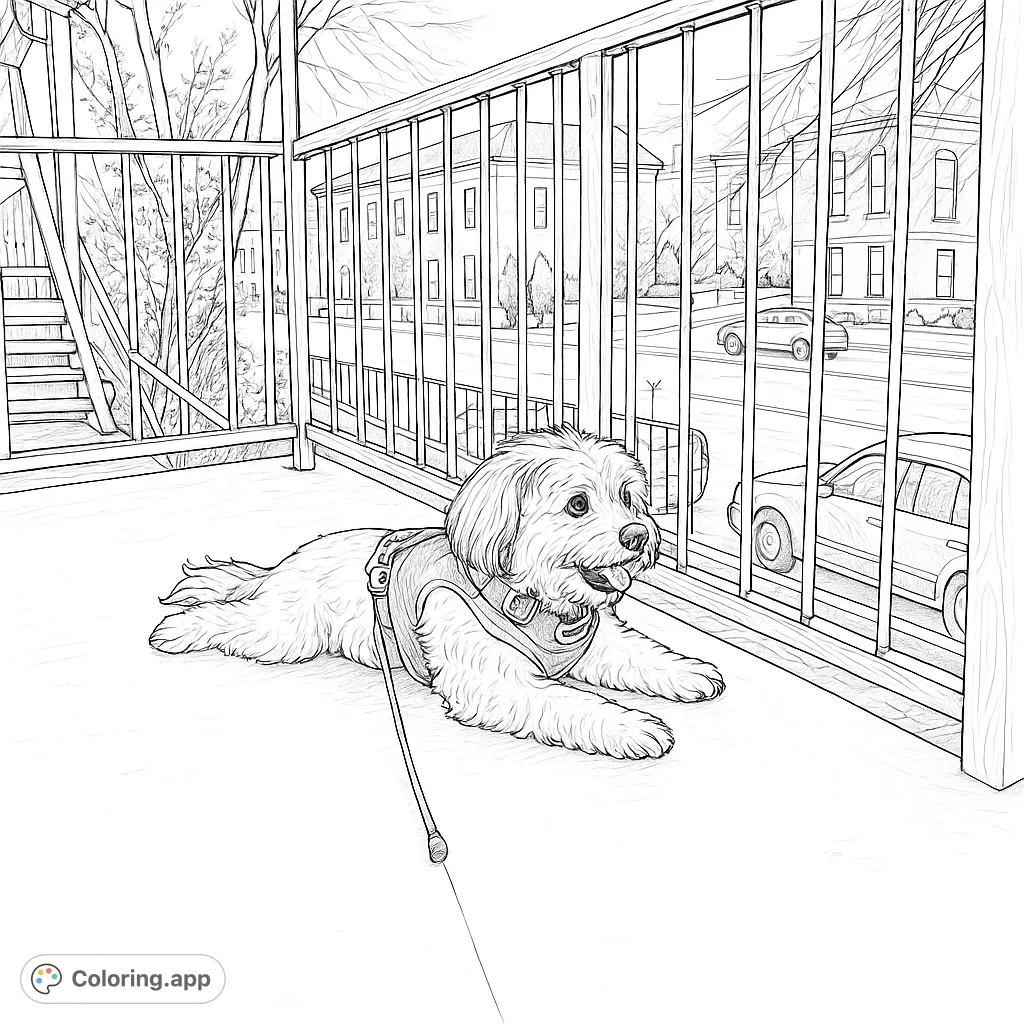 A charming fluffy dog relaxes on a city porch, observing the street scene. This hand-drawn sketch offers a delightful urban animal coloring experience for all ages.