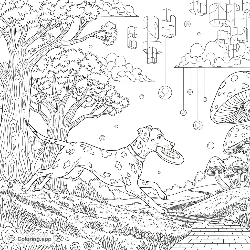 A detailed, hand-drawn Dalmatian bounds through a surreal park with a frisbee, featuring intricate patterns and dreamlike elements.