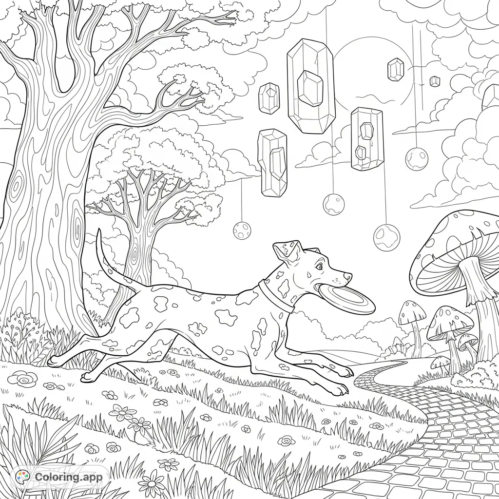 A detailed, hand-drawn Dalmatian bounds through a surreal park with a frisbee, featuring intricate patterns and dreamlike elements.
