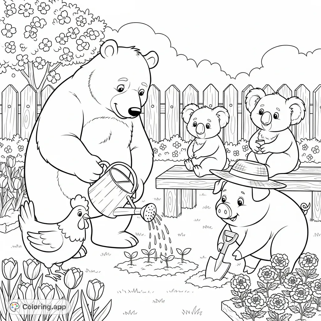 A charming garden scene featuring a bear watering sprouts, a hen pecking, a koala observing, and a pig digging. Delightful animal friends nurturing nature.