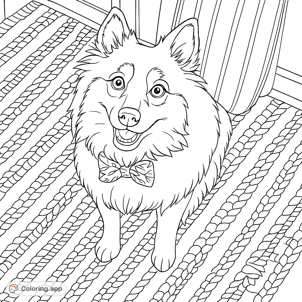 A charming fluffy dog with a bow tie sits on a patterned rug, offering a friendly smile. Perfect for dog lovers to color and bring to life with vibrant hues.